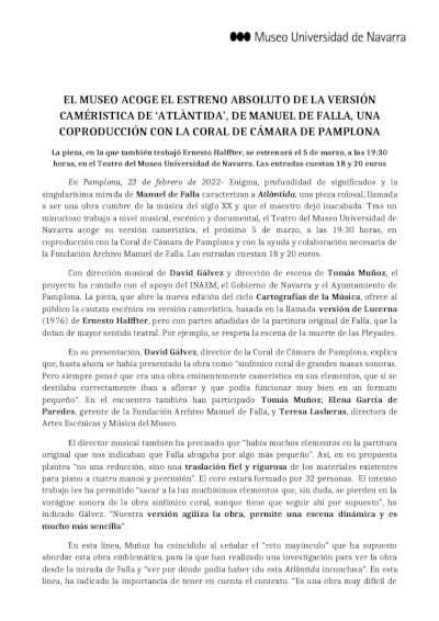El MUN acoge el estreno absoluto de la versión camerística de «Atlántida» de Manuel de Falla