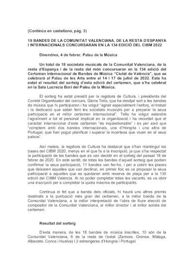 18 bandas entre valencianas, del resto de España e internacionales en la 134º edición del CIBM 2022