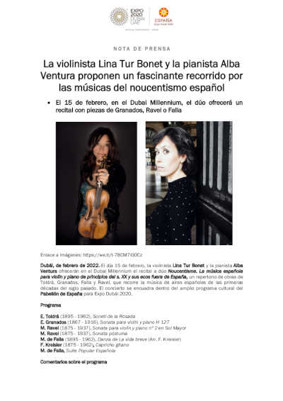 La violinista Lina Tur Bonet, la pianista Alba Ventura y las músicas del noucentismo español en Expo Dubai 2020