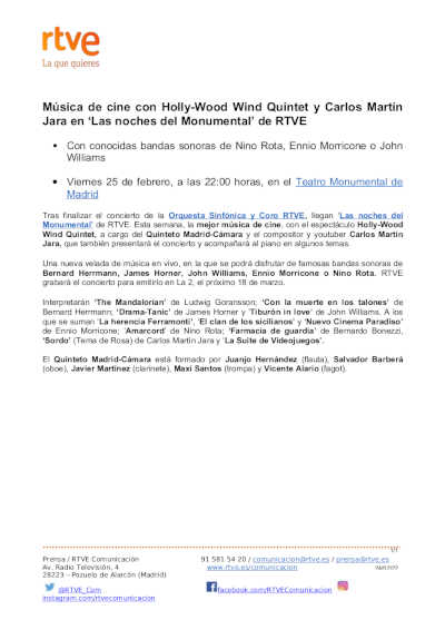 Música de cine con Holly-Wood Wind Quintet y Carlos Martín Jara en ‘Las noches del Monumental’ de RTVE
