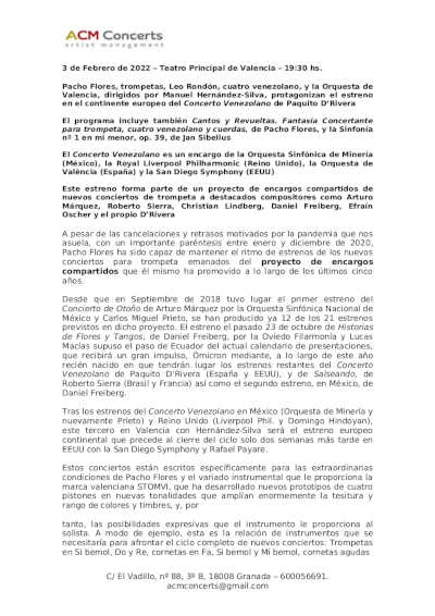 Pacho Flores, Leo Rondón y la Orquesta de València estrenan el Concerto Venezolano de Paquito de Rivera Pacho Flores, Leo Rondón y la Orquesta de València estrenan el Concerto Venezolano de Paquito de Rivera
