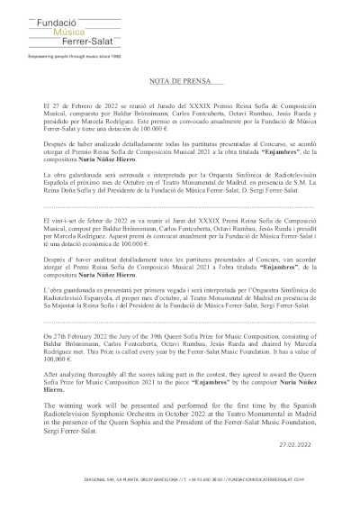 Veredicto del Jurado del XXXIX Premio Reina Sofía de Composición Musical