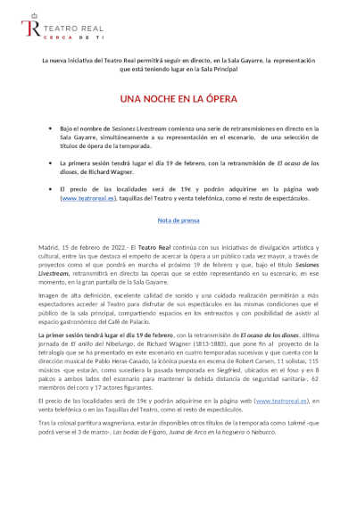 Nueva iniciativa del Teatro Real que  retransmitirá ópera en directo en su Sala Gayarre