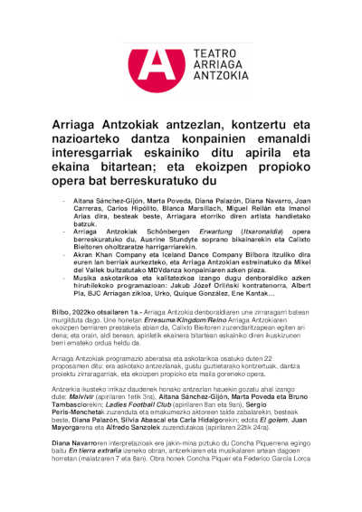 El Teatro Arriaga ofrece entre abril y junio interesantes obras de teatro, conciertos y compañías de danza internacional