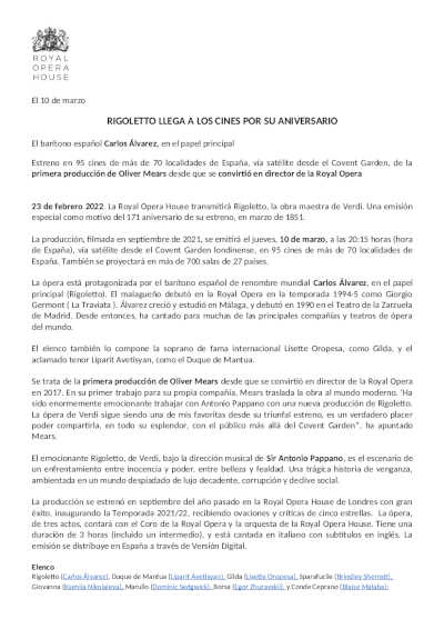 Rigoletto del Royal Opera House llega a cines de España en su aniversario