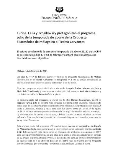 Turina, Falla y Tchaikovsky en el programa ocho de la temporada de abono de la Orquesta Filarmónica de Málaga