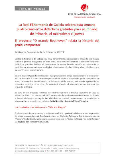 La Real Filharmonía de Galicia celebra cuatro conciertos didácticos gratuitos para alumnado de Primaria La Real Filharmonía de Galicia celebra cuatro conciertos didácticos gratuitos para alumnado de Primaria