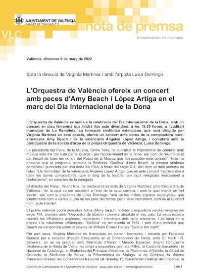 La Orquesta de València ofrece un concierto con piezas de Amy Beach y López Artiga La Orquesta de València ofrece un concierto con piezas de Amy Beach y López Artiga