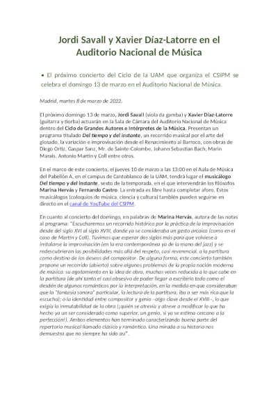 Jordi Savall y Xavier Díaz-Latorre en el Auditorio Nacional de Música en el Ciclo de la UAM Jordi Savall y Xavier Díaz-Latorre en el Auditorio Nacional de Música en el Ciclo de la UAM