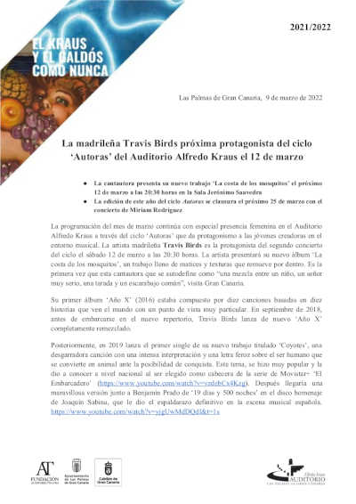 La madrileña Travis Birds próxima protagonista del ciclo ‘Autoras’ del Auditorio Alfredo Kraus La madrileña Travis Birds próxima protagonista del ciclo ‘Autoras’ del Auditorio Alfredo Kraus