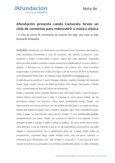 Afundación presenta junto a Camerata Arven un ciclo de conciertos para redescubrir la música clásica