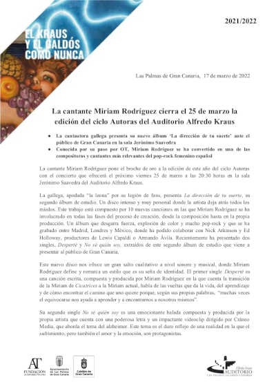 La cantante Miriam Rodríguez cierra la edición  del ciclo ‘Autoras’ del Auditorio Alfredo Kraus