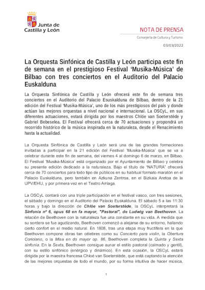 La Orquesta Sinfónica de Castilla y León participa este fin de semana en el prestigioso Festival ‘Musika-Música’ de Bilbao