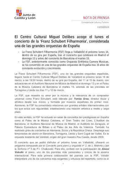 El Centro Cultural Miguel Delibes acoge el lunes el concierto de la ‘Franz Schubert Filharmonía’