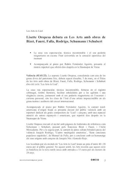 Lisette Oropesa debuta en Les Arts con obras de Bizet, Fauré, Falla, Rodrigo, Schumann y Schubert