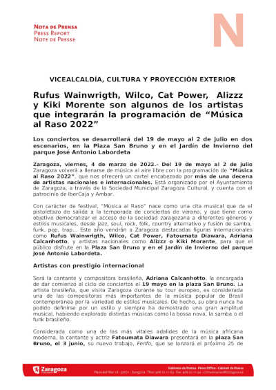 Rufus Wainwrigth, Wilco, Cat Power, Alizzz y Kiki Morente en “Música al Raso 2022”