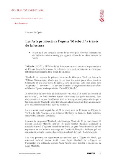 Les Arts promociona la ópera ‘Macbeth’ a través de la lectura