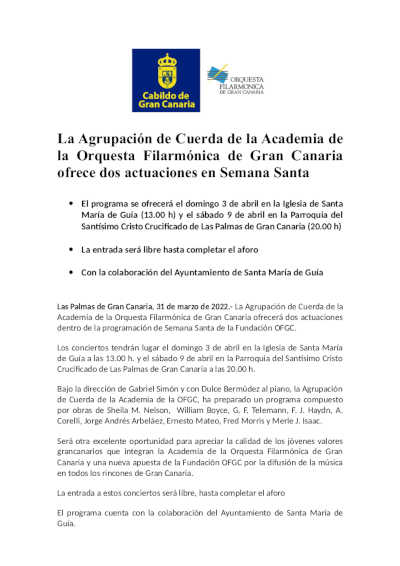 La Agrupación de Cuerda de la Academia de la Orquesta Filarmónica de Gran Canaria ofrece dos actuaciones en Semana Santa La Agrupación de Cuerda de la Academia de la Orquesta Filarmónica de Gran Canaria ofrece dos actuaciones en Semana Santa