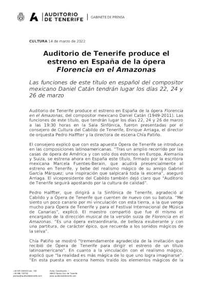 Auditorio de Tenerife produce el estreno en España de la ópera Florencia en el Amazonas