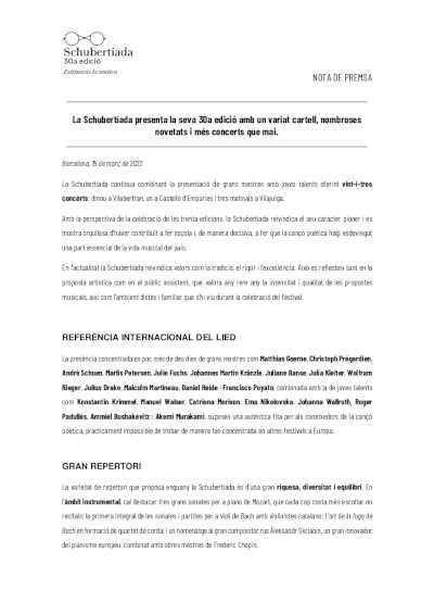La Schubertíada presenta su 30.ª edición con un variado cartel, numerosas novedades y más conciertos que nunca