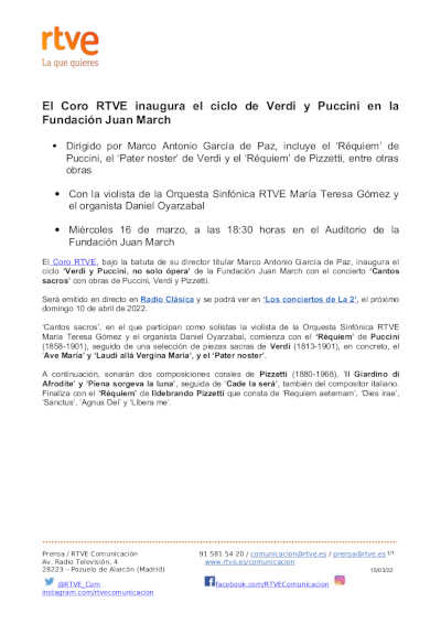 El Coro RTVE inaugura el ciclo de Verdi y Puccini en la Fundación Juan March