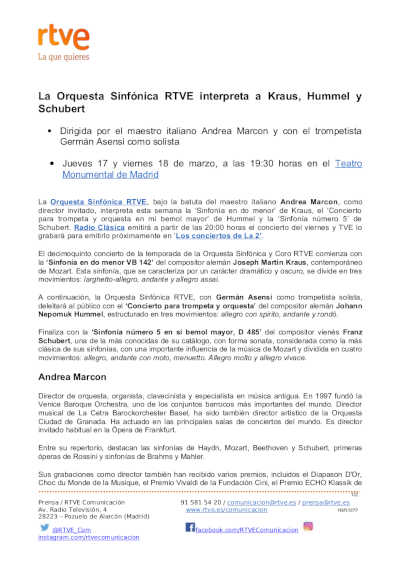 La Orquesta Sinfónica RTVE interpreta a Joseph Martin Kraus, Johann Nepomuk Hummel y Franz Schubert La Orquesta Sinfónica RTVE interpreta a Joseph Martin Kraus, Johann Nepomuk Hummel y Franz Schubert