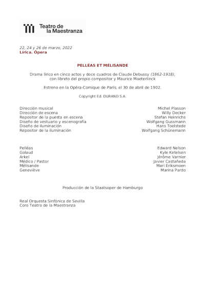 ‘Pelléas et Mélisande’, única ópera de Claude Debussy en el Teatro de la Maestranza