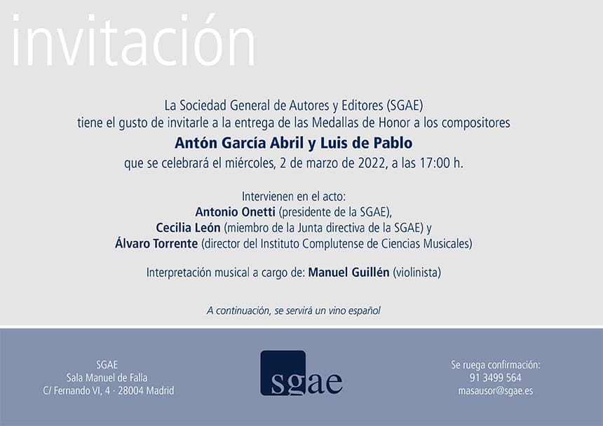 La SGAE entregará su Medalla de Honor a Antón García Abril y Luis de Pablo, a título póstumo