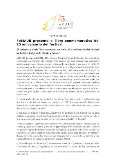 FeMAUB presenta el libro conmemorativo del 25 aniversario del festival