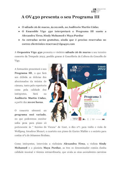 La Orquestra Vigo 430 presenta su Programa III en Auditorio Martín Códax