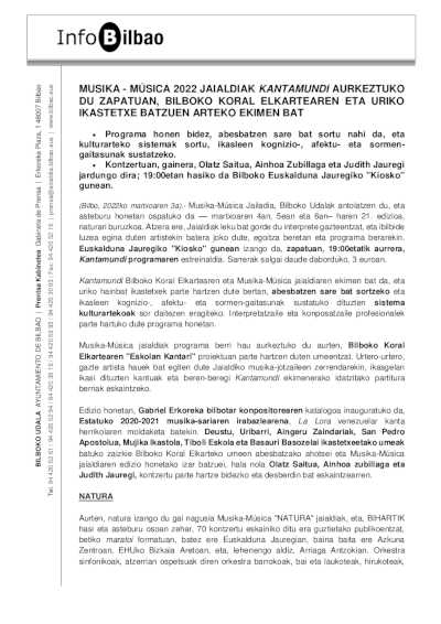 Musika-Música 2022 presentará Kantamundi, una iniciativa con la Sociedad Coral de Bilbao