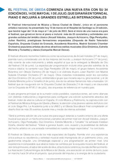 El Festival de Úbeda presenta su 34º edición en torno al piano y con grandes estrellas internacionales