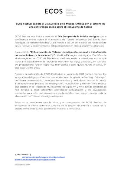 ECOS Festival celebró el Día Europeo de la Música Antigua con el estreno de una conferencia online