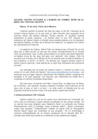 Valeria Castro actuará en el almudín en formato íntimo en el marco del festival Deleste