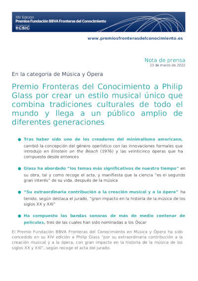 Premio Fronteras del Conocimiento a Philip Glass en la categoría de Música y Ópera