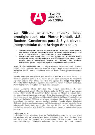 La Ritirata y Pierre Hantaï interpretan en el Teatro Arriaga los ‘Conciertos para 2, 3 y 4 claves’ de J.S. Bach