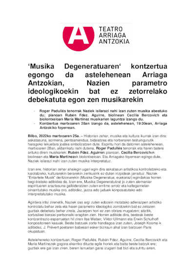 El Teatro Arriaga acoge un concierto de ‘Música Degenerada’, prohibida por los ideológicos de los Nazis