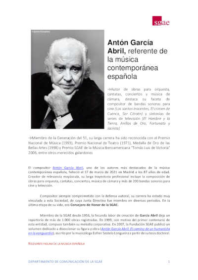 La SGAE entregará su Medalla de Honor a Antón García Abril y Luis de Pablo, a título póstumo