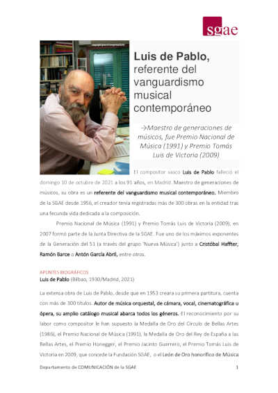 La SGAE entregará su Medalla de Honor a Antón García Abril y Luis de Pablo, a título póstumo