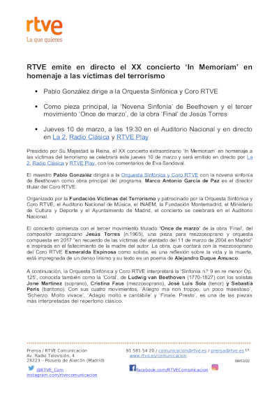 RTVE retransmite, en directo, el XX concierto ‘In Memoriam’ en homenaje a las víctimas del terrorismo RTVE retransmite, en directo, el XX concierto ‘In Memoriam’ en homenaje a las víctimas del terrorismo