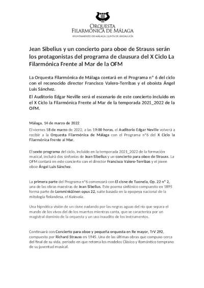 El sexto programa del X Ciclo la Filarmónica Frente al Mar con obras de Sibelius y Strauss