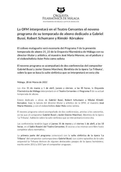 La OFM interpretará el noveno programa de su temporada de abono dedicado a Bussi, Schumann y Rimski- Kórsakov
