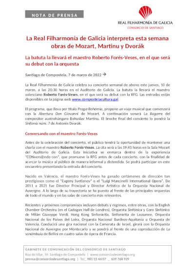 La Real Filharmonía de Galicia interpreta esta semana obras de Mozart, Martinu y Dvorák