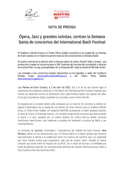 Auditorio Alfredo Kraus. Ópera, Jazz y grandes solistas, centran la Semana Santa de conciertos del International Bach Festival