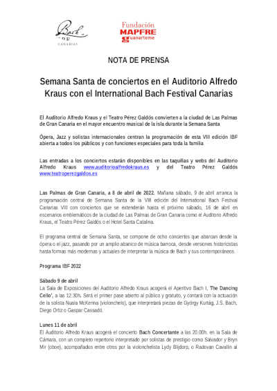 Semana Santa de conciertos en el Auditorio Alfredo Kraus con el International Bach Festival Canarias