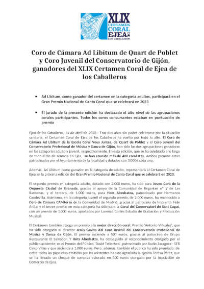 Coro de Cámara Ad Libitumt y Coro Juvenil del Conservatorio de Gijón, ganan el XLIX Certamen Coral de Ejea de los Caballeros