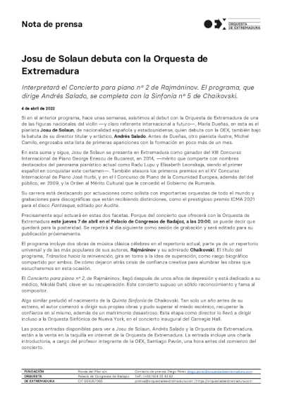 El pianista Josu de Solaun debuta con la Orquesta de Extremadura El pianista Josu de Solaun debuta con la Orquesta de Extremadura