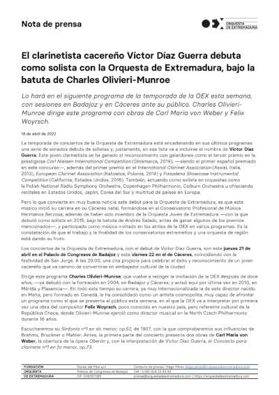 El clarinetista cacereño Víctor Díaz Guerra debuta como solista con la Orquesta de Extremadura