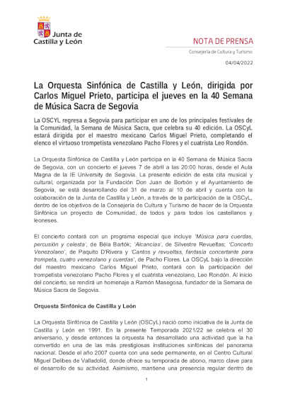 La Orquesta Sinfónica de Castilla y León, participa el jueves en la 40 Semana de Música Sacra de Segovia