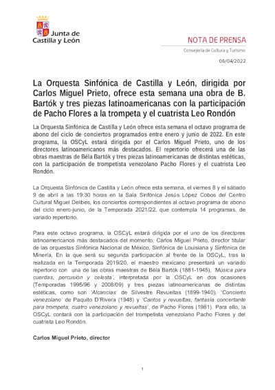 La OSCyL, dirigida por Carlos Miguel Prieto, ofrece una obra de B. Bartók y tres piezas latinoamericanas
